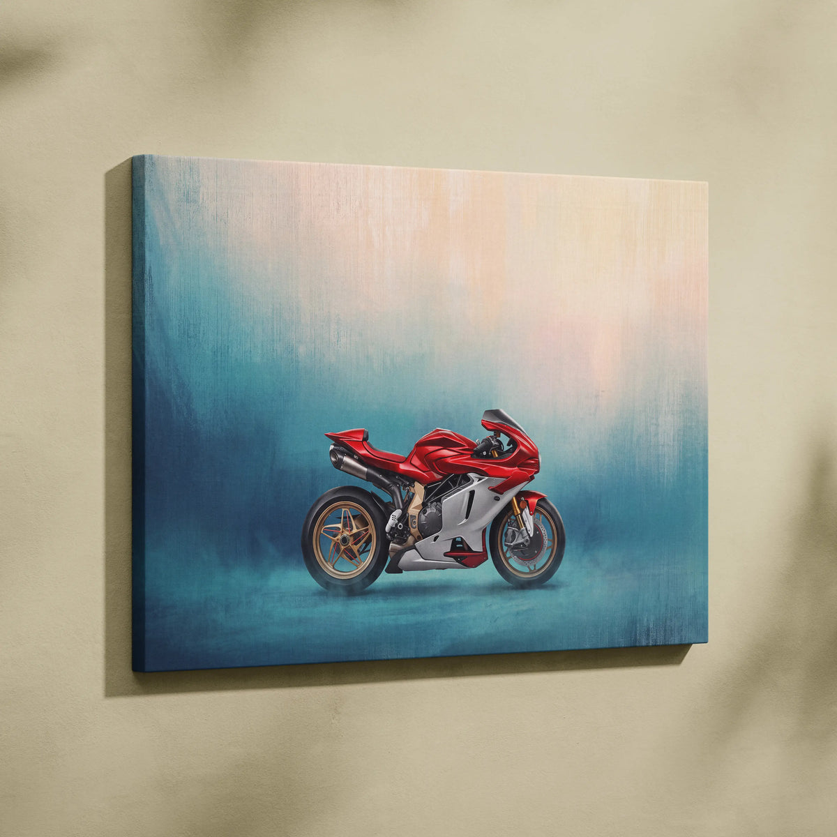 Red and silver Ducati motorcycle canvas painting with blue and peach gradient background for garage decor