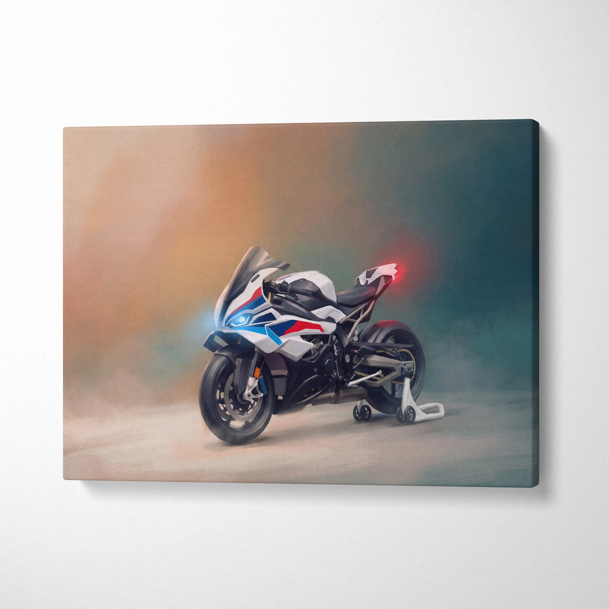 Bmw s1000rr inspired motorcycle wall art featuring a sleek white blue and red superbike canvas for modern garage decor