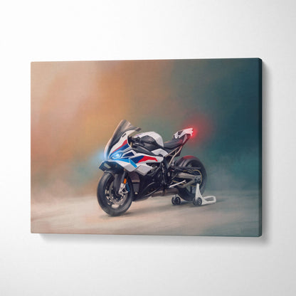 Bmw s1000rr inspired motorcycle wall art featuring a sleek white blue and red superbike canvas for modern garage decor
