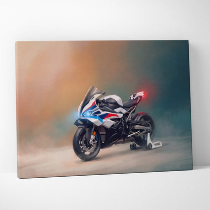 White blue and red bmw s1000rr inspired motorcycle artwork on canvas superbike wall art for modern garage decor