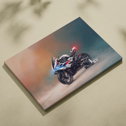 A sleek white blue and red BMW S1000RR inspired motorcycle illustration printed on a rectangular canvas for modern garage decor