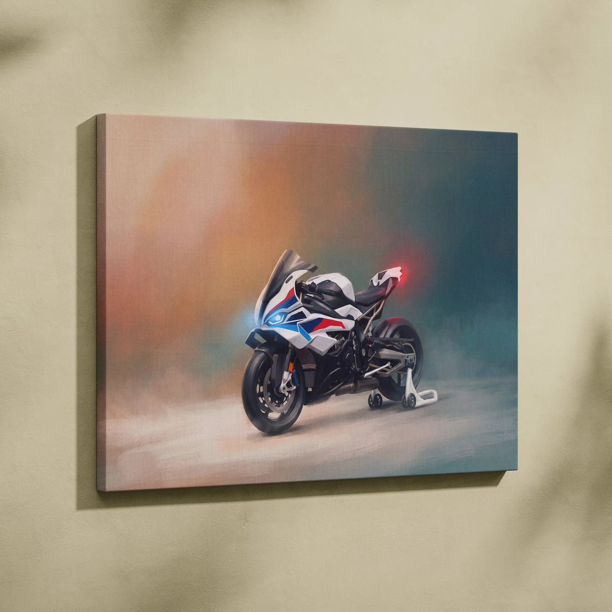 A canvas print of a white blue and red bmw s1000rr motorcycle with glowing headlights and taillight for modern garage decor