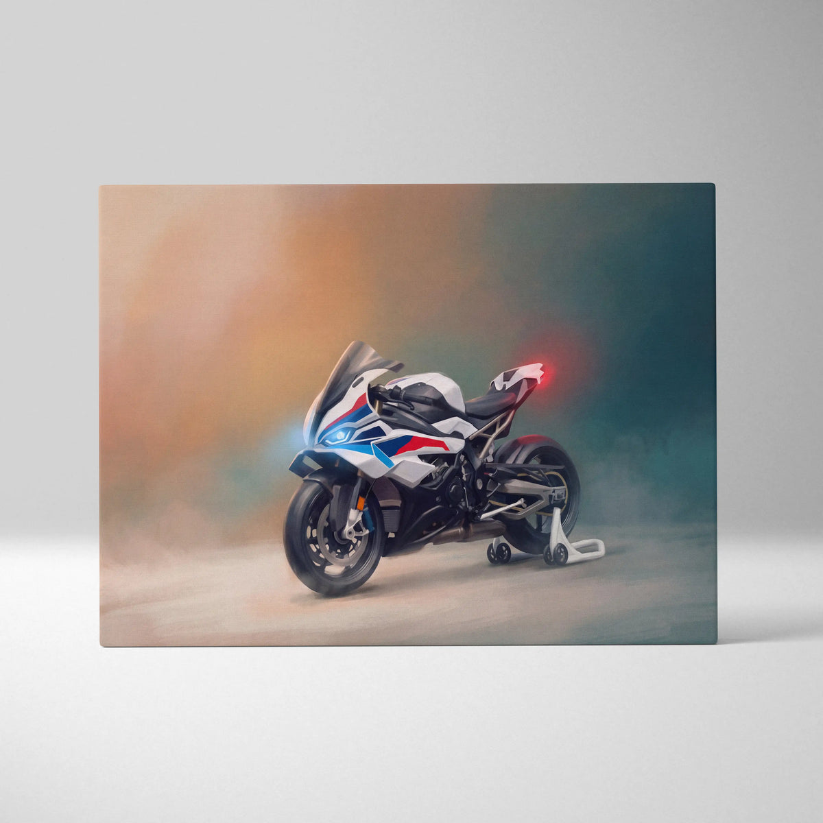 Bmw s1000rr inspired motorcycle wall art featuring a sleek white blue and red sporty superbike canvas for garage decor