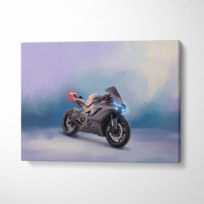 Gray matte-finish sport motorcycle canvas print with glowing blue and red lights yamaha yzf-r6 inspired wall art