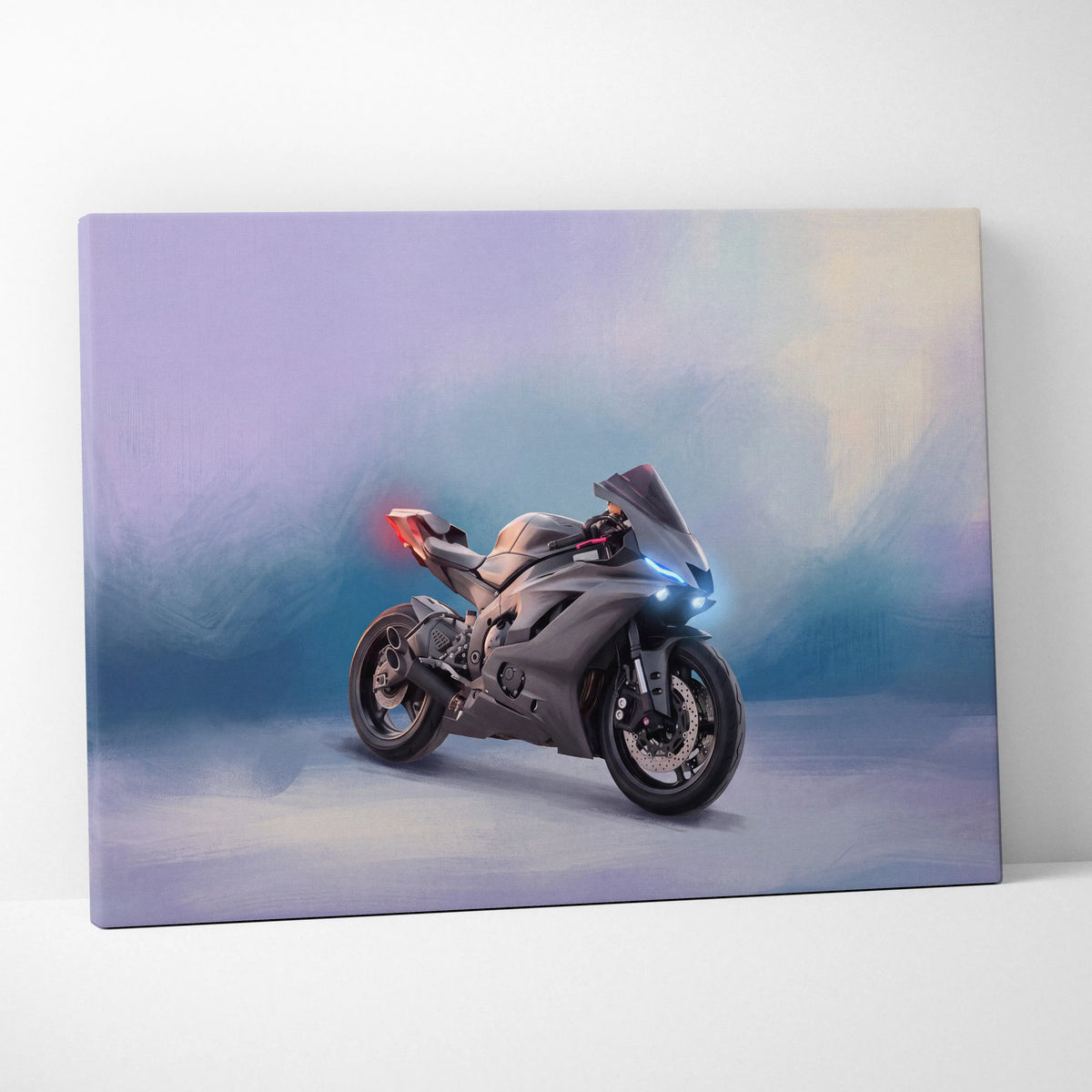 A sleek matte gray yamaha yzf-r6 sport motorcycle digital painting with glowing blue and red lights wall art print