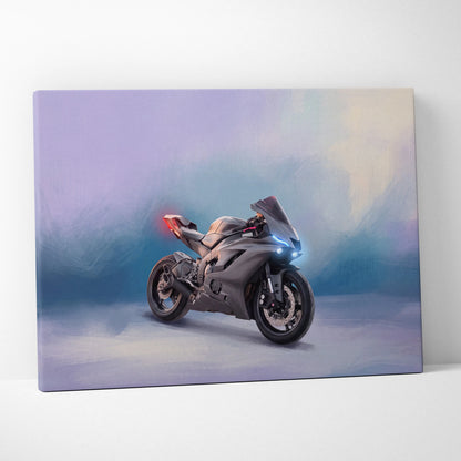 A sleek matte gray yamaha yzf-r6 sport motorcycle digital painting with glowing blue and red lights wall art print