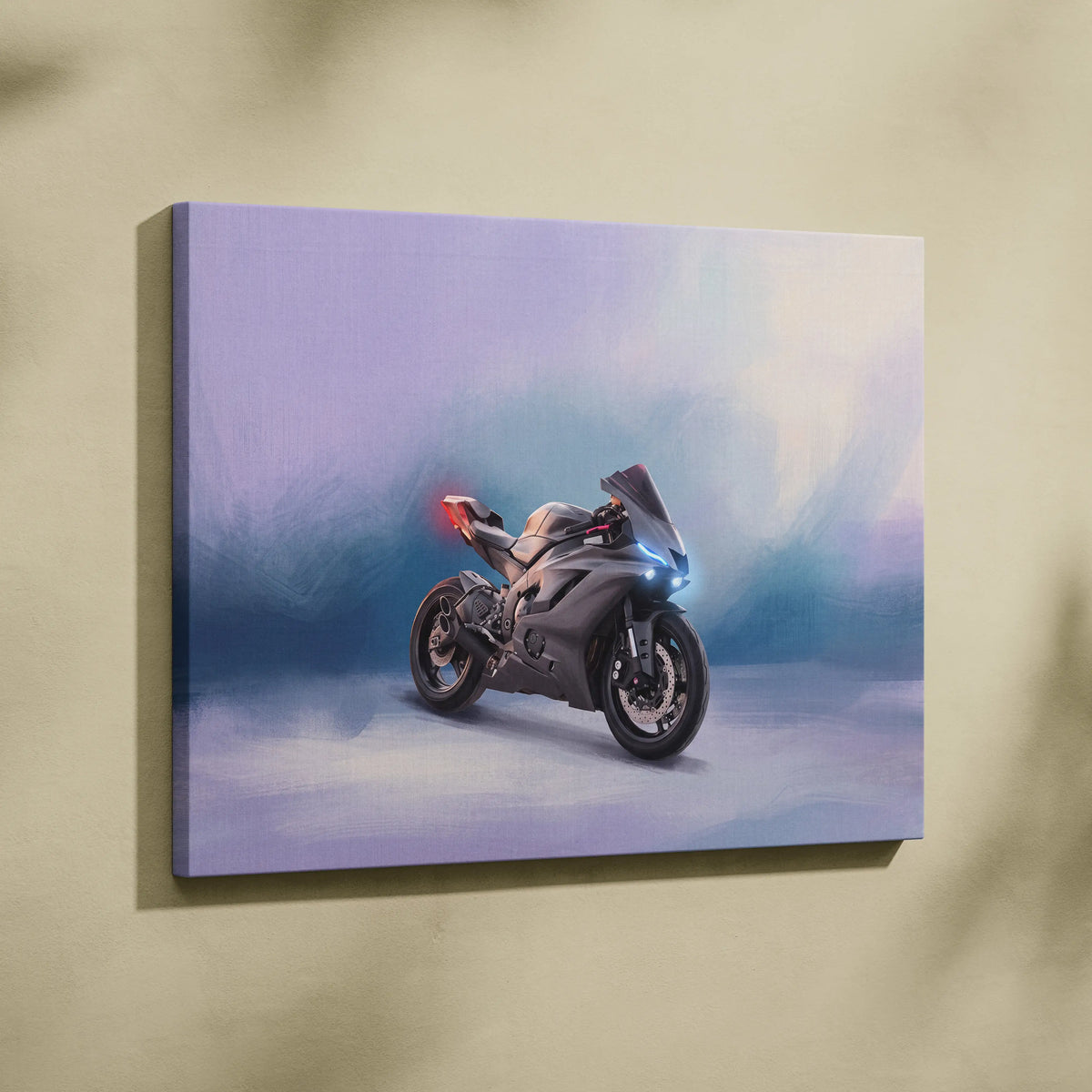 Gray yamaha yzf-r6 supersport motorcycle canvas wall art with glowing blue and red lights on purple-blue background