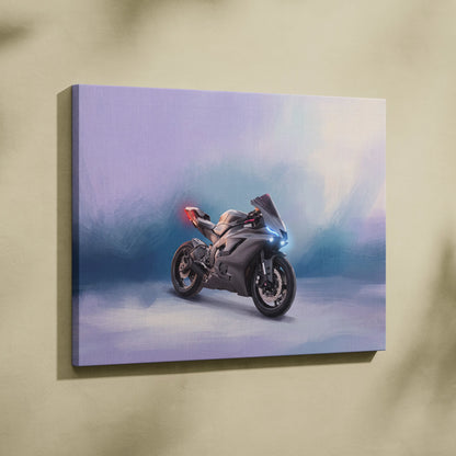 Gray yamaha yzf-r6 supersport motorcycle canvas wall art with glowing blue and red lights on purple-blue background