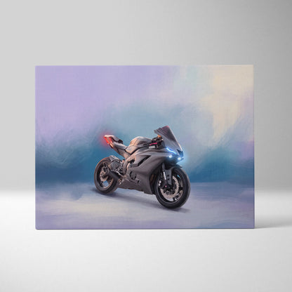 Stylized digital illustration of a gray yamaha yzf-r6 inspired supersport motorcycle with glowing blue headlights and red taillight