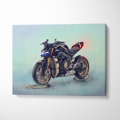 Black and gold ducati streetfighter v4 inspired canvas art featuring hypernaked motorcycle for luxury garage decor