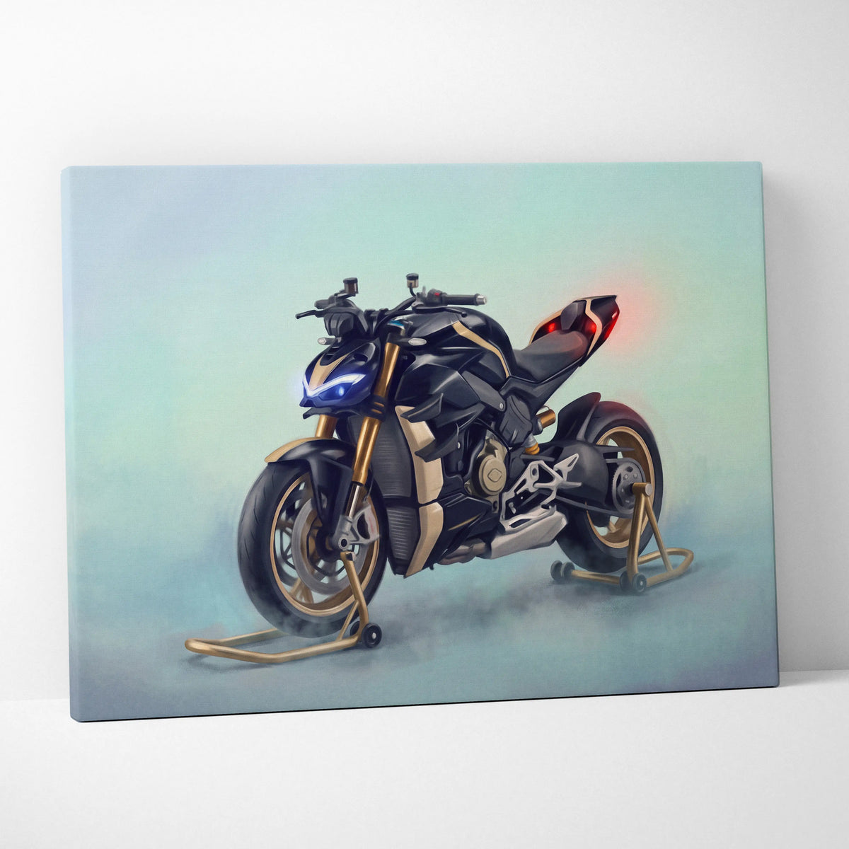Black and gold Ducati Streetfighter V4 inspired canvas art featuring hypernaked motorcycle for luxury garage decor