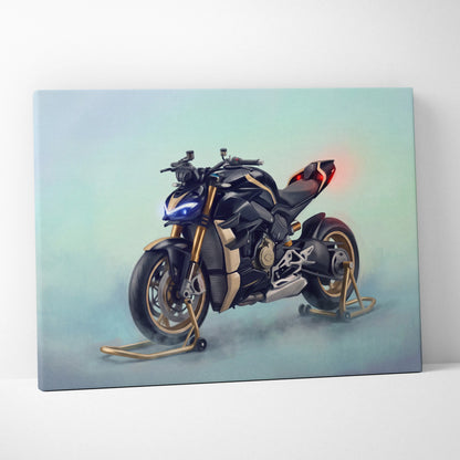 Black and gold Ducati Streetfighter V4 inspired canvas art featuring hypernaked motorcycle for luxury garage decor