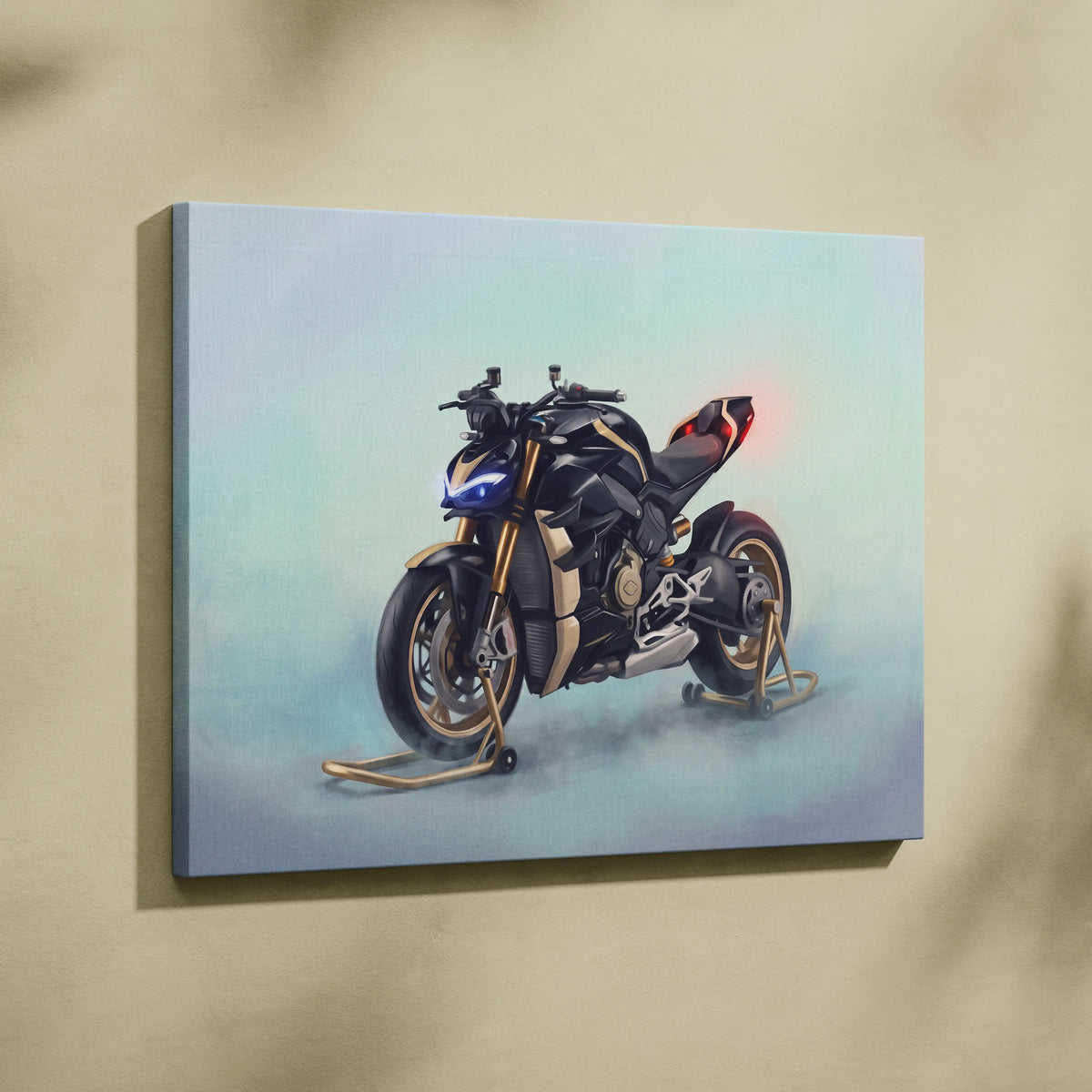 Black and gold Ducati Streetfighter V4 inspired hypernaked motorcycle painting on canvas for luxury garage decor