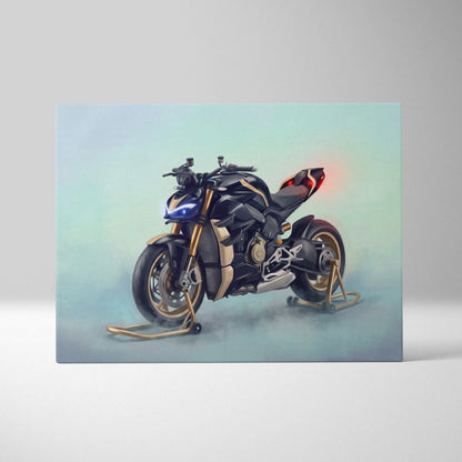 Black and gold ducati streetfighter v4 inspired canvas art with glowing blue headlights and red taillight luxury decor