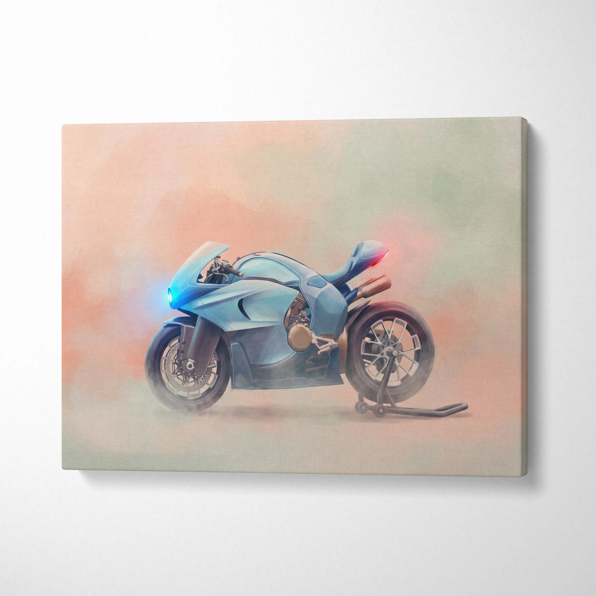 Blue watercolor style motorcycle canvas print inspired by bugatti concept bike futuristic superbike wall decor