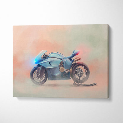Blue watercolor style motorcycle canvas print inspired by bugatti concept bike futuristic superbike wall decor