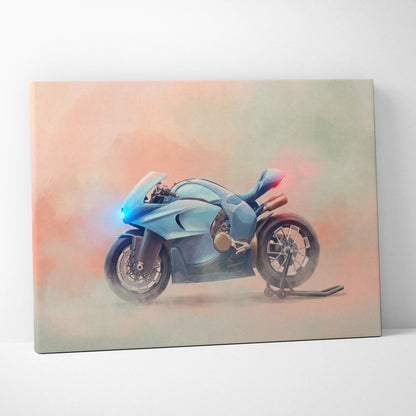 A sleek light blue Bugatti concept bike inspired supersport canvas print with glowing blue and red lights and metallic accents