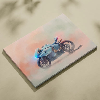 A vibrant blue Bugatti concept bike illustration printed on rectangular canvas with motion and glowing effects wall art