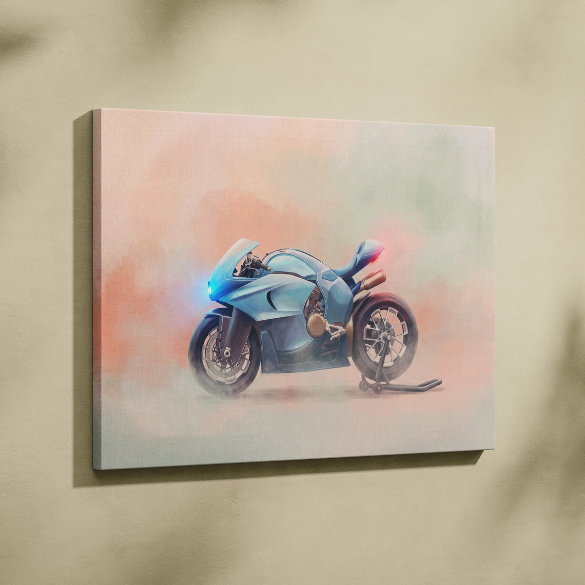Bugatti concept bike inspired supersport light blue watercolor motorcycle painting on stretched canvas wall art