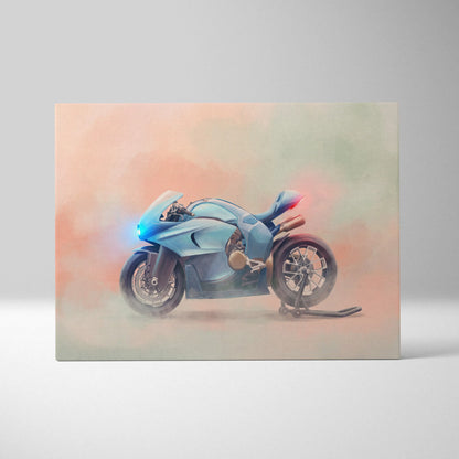 A sleek light blue Bugatti concept supersport bike illustration with glowing headlights and dynamic smoke effect wall art