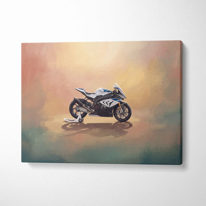White and blue bmw s1000rr sport bike wall art in stylized painterly canvas print for modern motorcycle decor