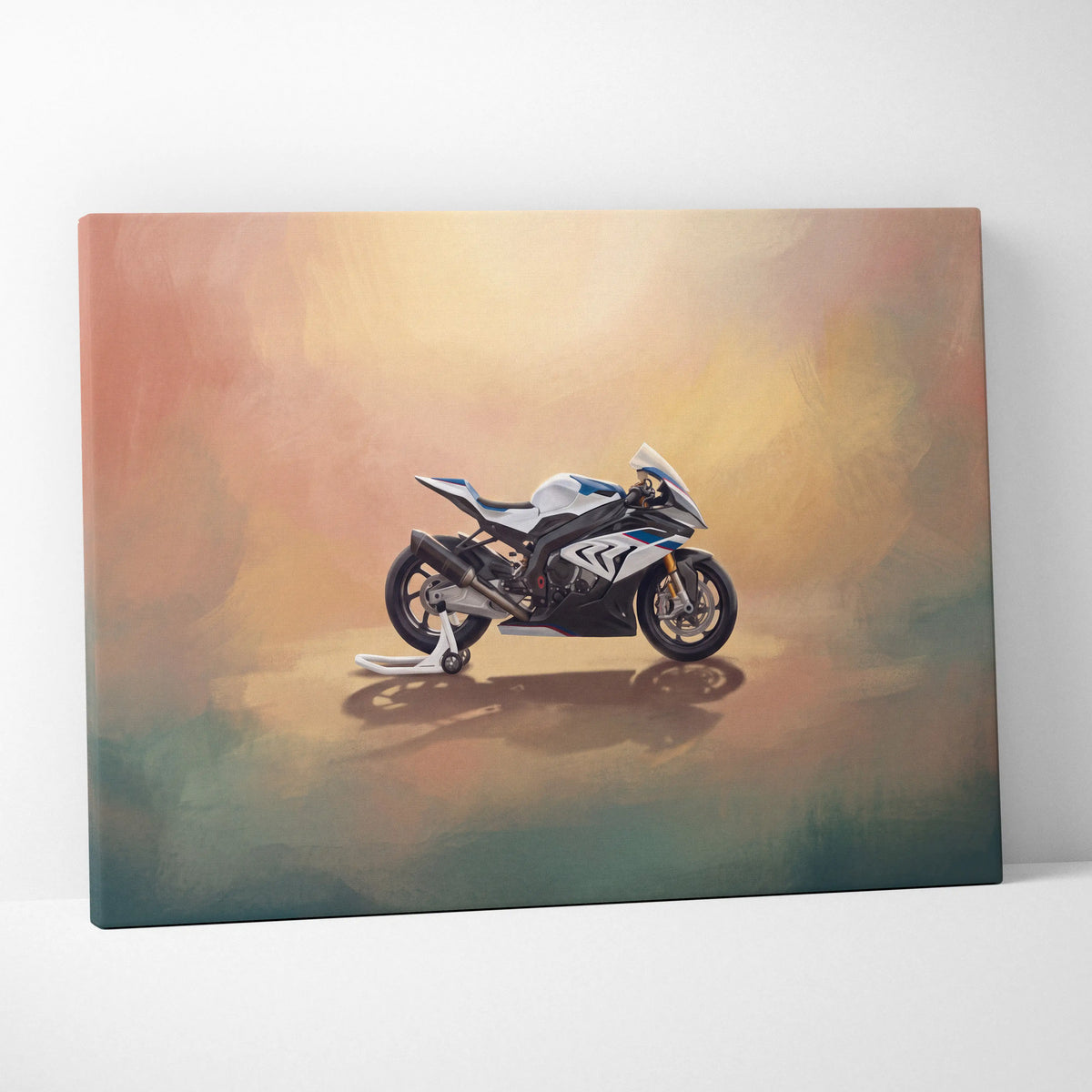 White and blue BMW S1000RR inspired sport bike canvas print with warm gradient background modern motorcycle decor