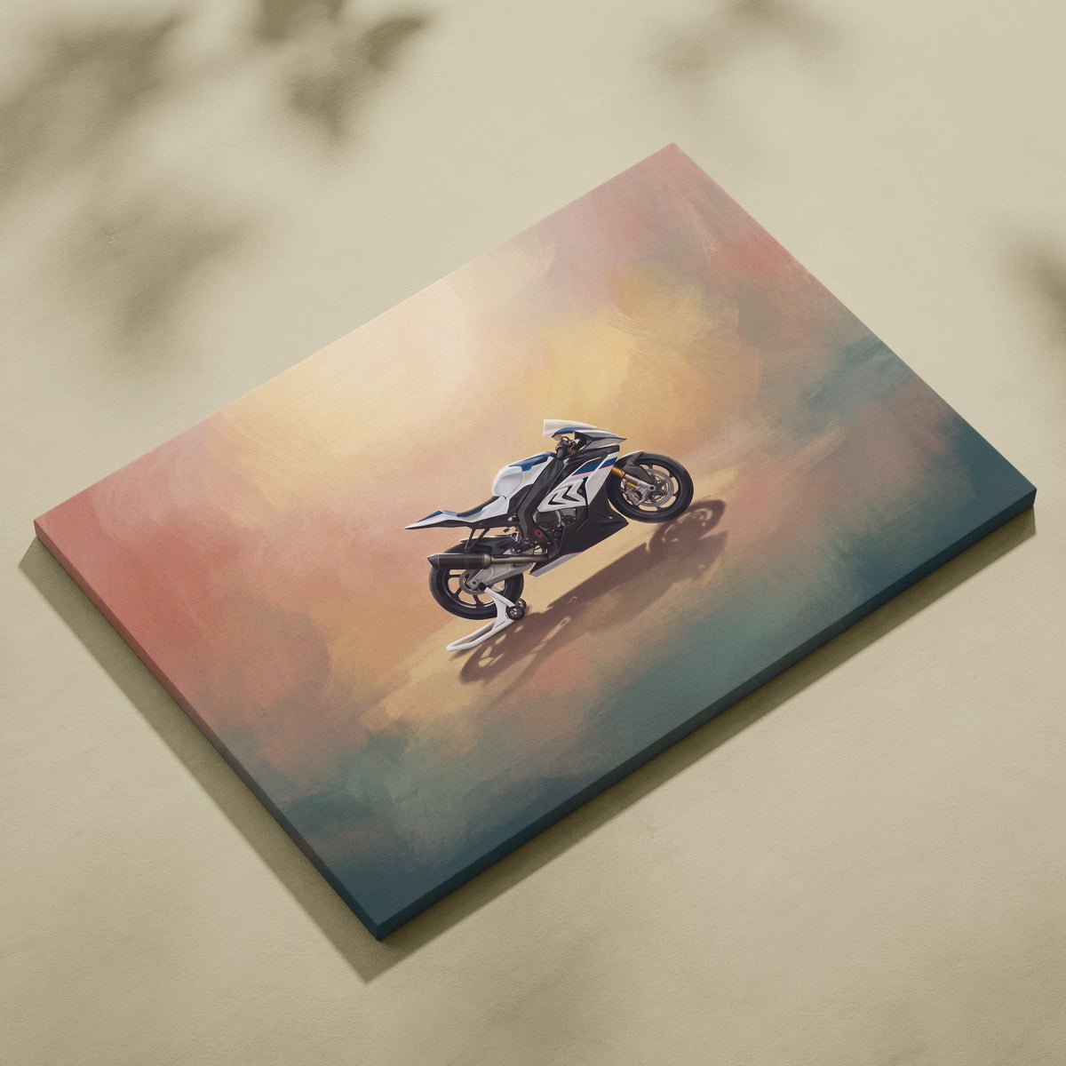 A white and blue BMW s1000rr sport motorcycle depicted on canvas with peach gold and teal gradient background wall art