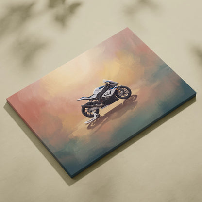A white and blue BMW s1000rr sport motorcycle depicted on canvas with peach gold and teal gradient background wall art