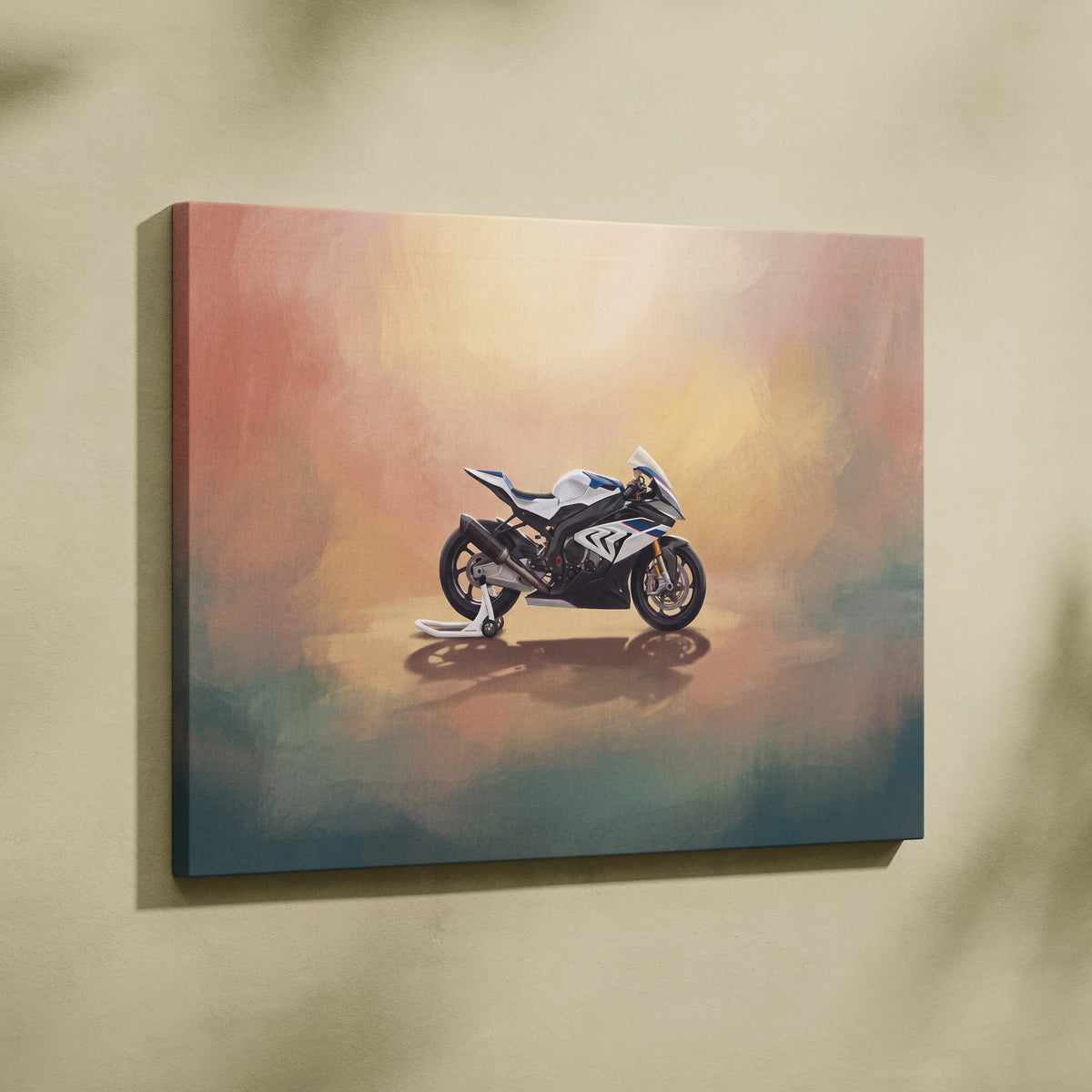 Bmw s1000rr inspired sport bike canvas wall art featuring a white and black motorcycle for modern decor and track day fans