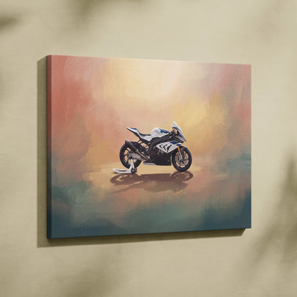 Bmw s1000rr inspired sport bike canvas wall art featuring a white and black motorcycle for modern decor and track day fans