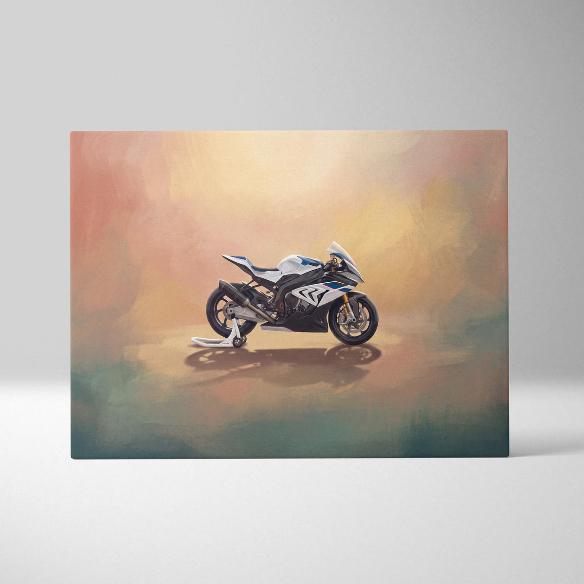 White and blue bmw s1000rr inspired sport bike artwork on canvas for modern motorcycle wall decor and track day print