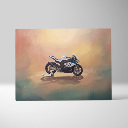 White and blue bmw s1000rr inspired sport bike artwork on canvas for modern motorcycle wall decor and track day print