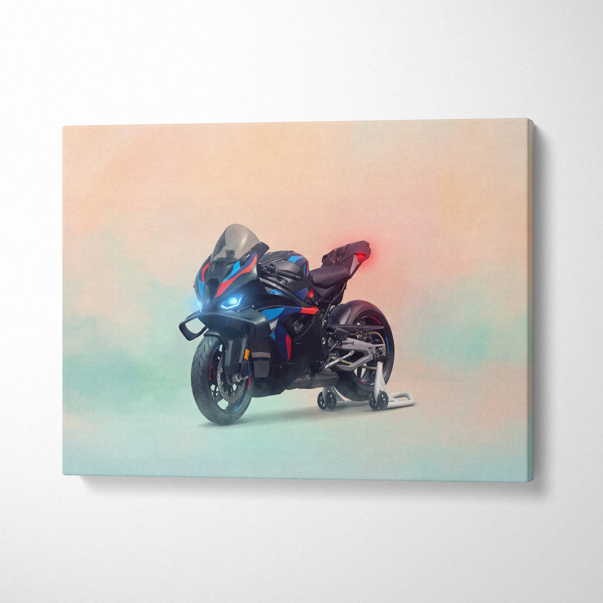 Black and blue sport motorcycle with red accents on canvas print inspired by BMW M1000RR track weapon poster