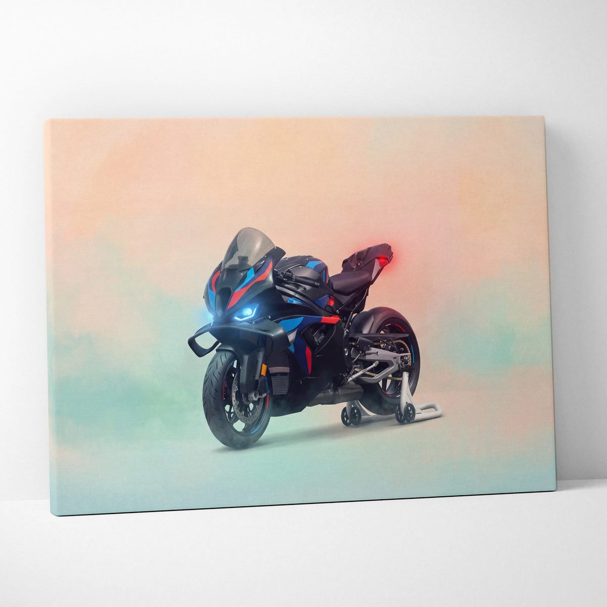Black and blue sport motorcycle with red accents on canvas print bmw m1000rr inspired wall decor poster