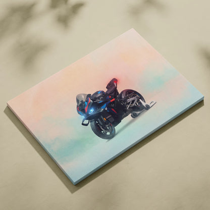 Bmw m1000rr inspired canvas art featuring black and blue sport motorcycle print for wall decor and track weapon poster