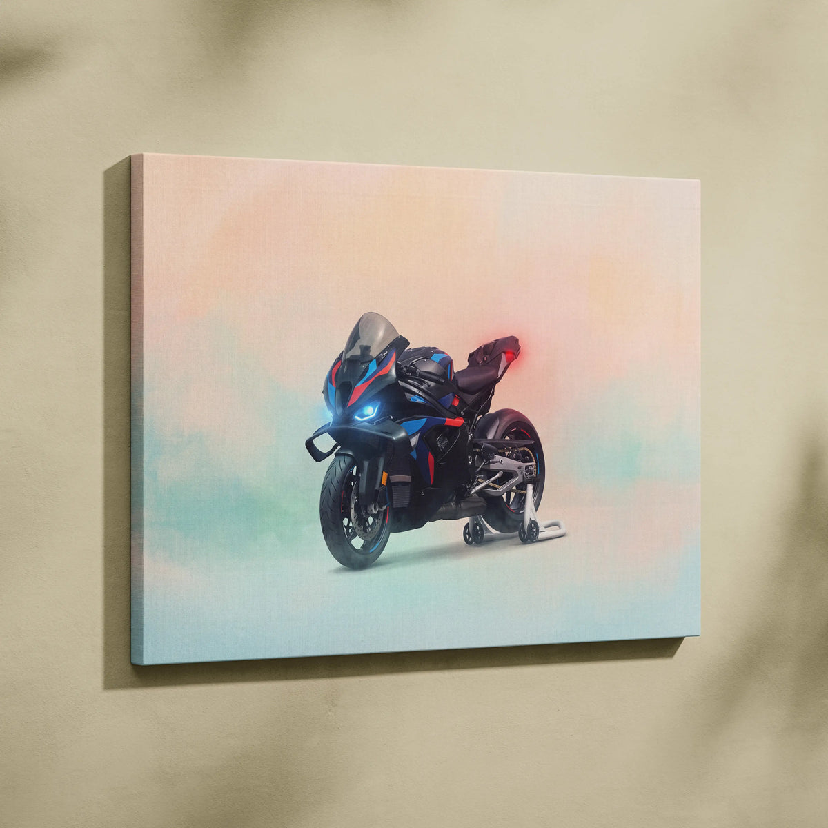 Black and blue sport motorcycle with red accents on a canvas print in bmw m1000rr inspired wall decor