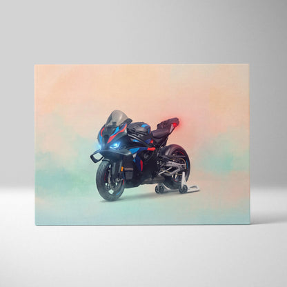 Black and blue sport motorcycle with red accents featuring sleek aerodynamic design on bmw m1000rr inspired canvas art poster