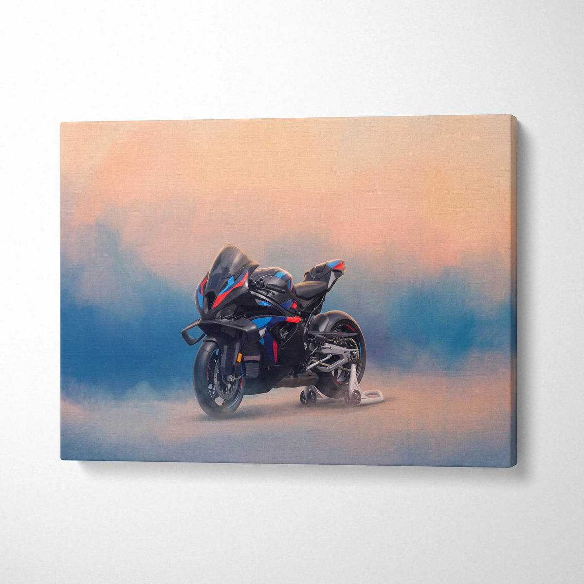 Black and blue bmw m1000rr inspired sport bike canvas print with red accents for modern garage decor