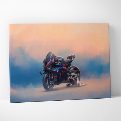 Black and blue sport motorcycle with red accents on canvas print for bmw m1000rr inspired sport bike wall art
