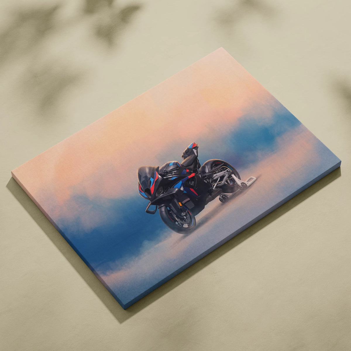 Black and blue BMW M1000RR inspired sport bike printed on rectangular canvas for modern garage decor