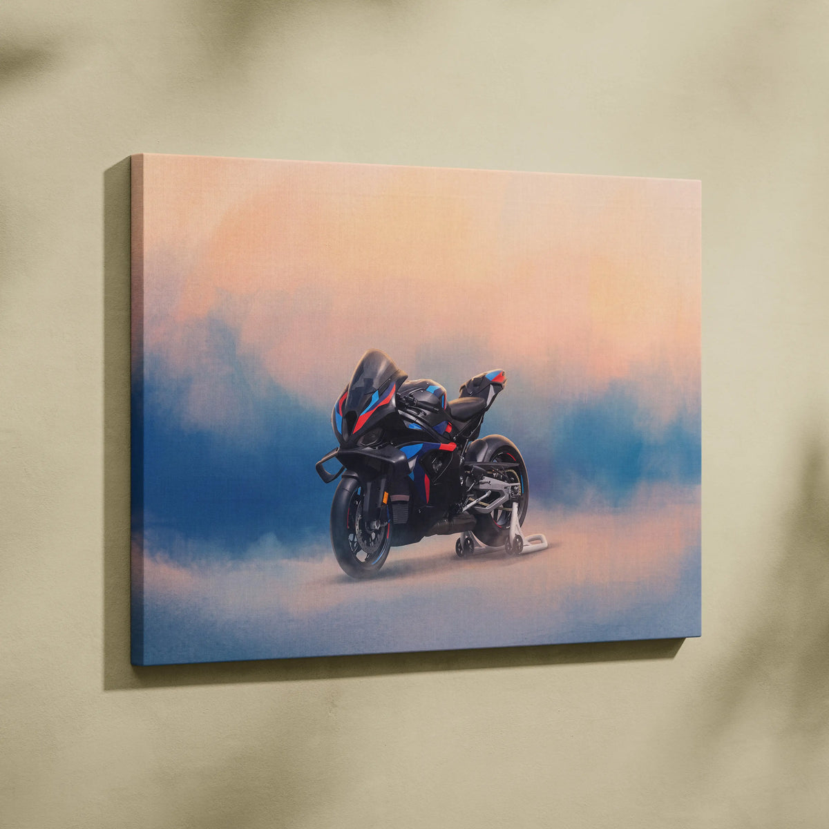 Black and blue sport motorcycle with red accents on canvas print featuring bmw m1000rr inspired superbike wall art