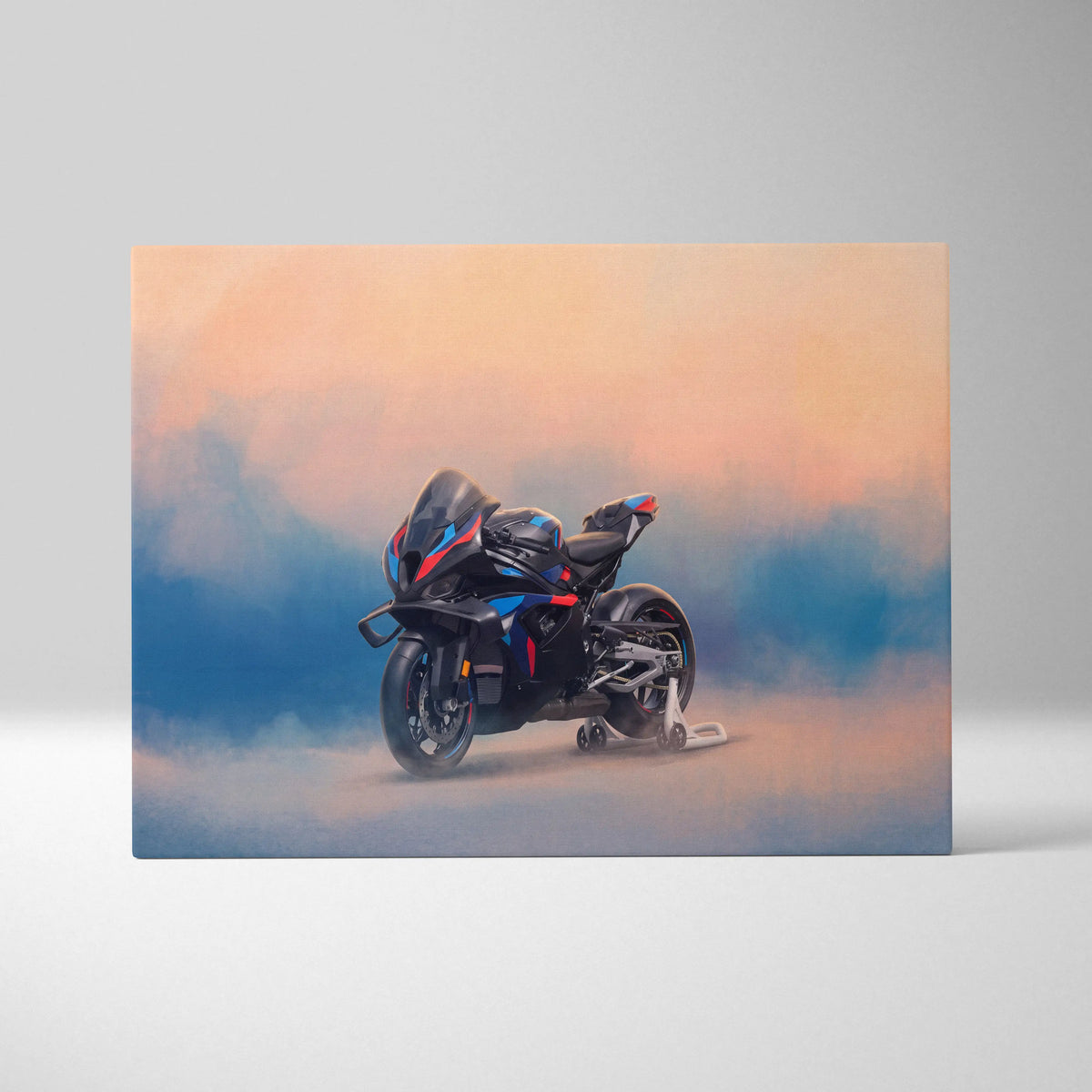 Black and blue bmw m1000rr inspired sport bike wall art with red accents against gradient sky for modern garage decor