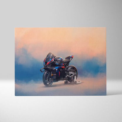 Black and blue bmw m1000rr inspired sport bike wall art with red accents against gradient sky for modern garage decor
