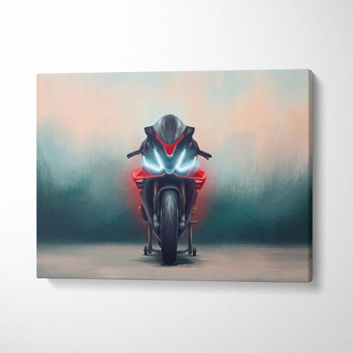 Red and black Aprilia RSV4 factory inspired sport bike wall art with glowing blue headlights on canvas print gift