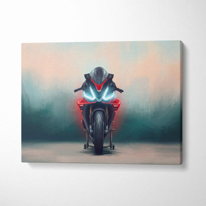 Red and black Aprilia RSV4 factory inspired sport bike wall art with glowing blue headlights on canvas print gift