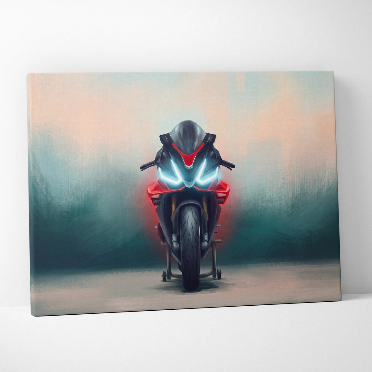 A sleek red and black aprilia rsv4 factory inspired sport bike with glowing blue headlights on canvas wall art