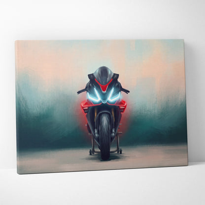 A sleek red and black aprilia rsv4 factory inspired sport bike with glowing blue headlights on canvas wall art