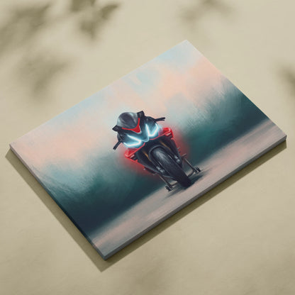 Canvas print of a sleek black and red aprilia rsv4 factory sport bike with glowing blue headlights in misty sky