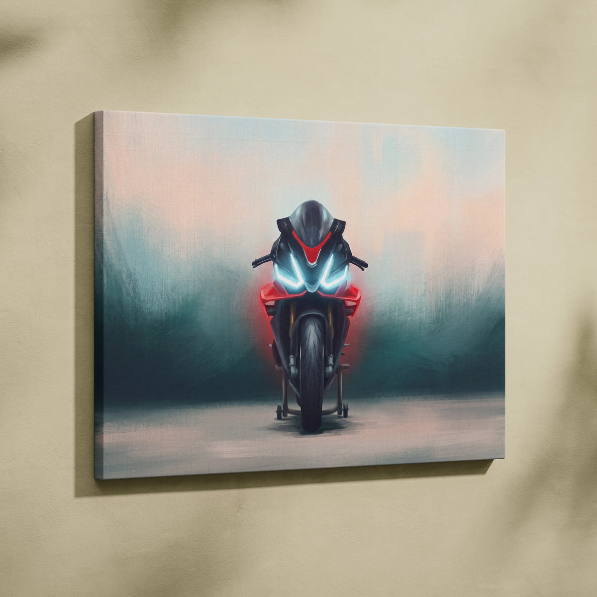 Aprilia rsv4 factory inspired sport bike wall art featuring a futuristic red black motorcycle with glowing blue headlights