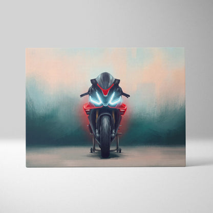 A sleek red and black Aprilia RSV4 Factory inspired sport bike digital artwork with glowing blue headlights wall art